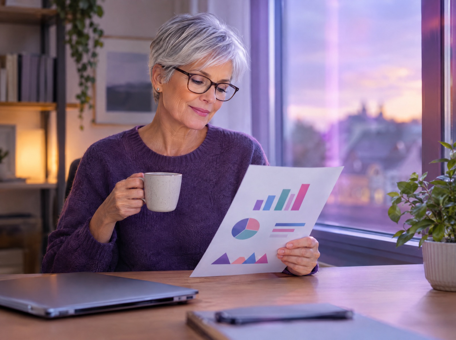 The owner of an accounting office reads the weekly report with a cup of tea