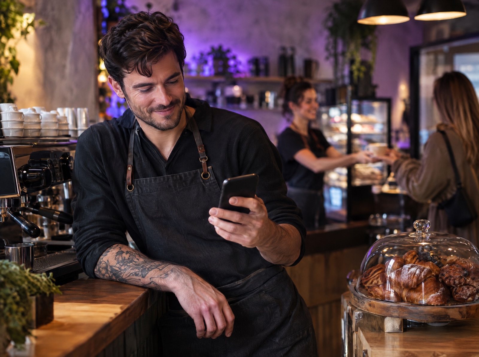 A café owner approves a reply from his AI agent on his phone