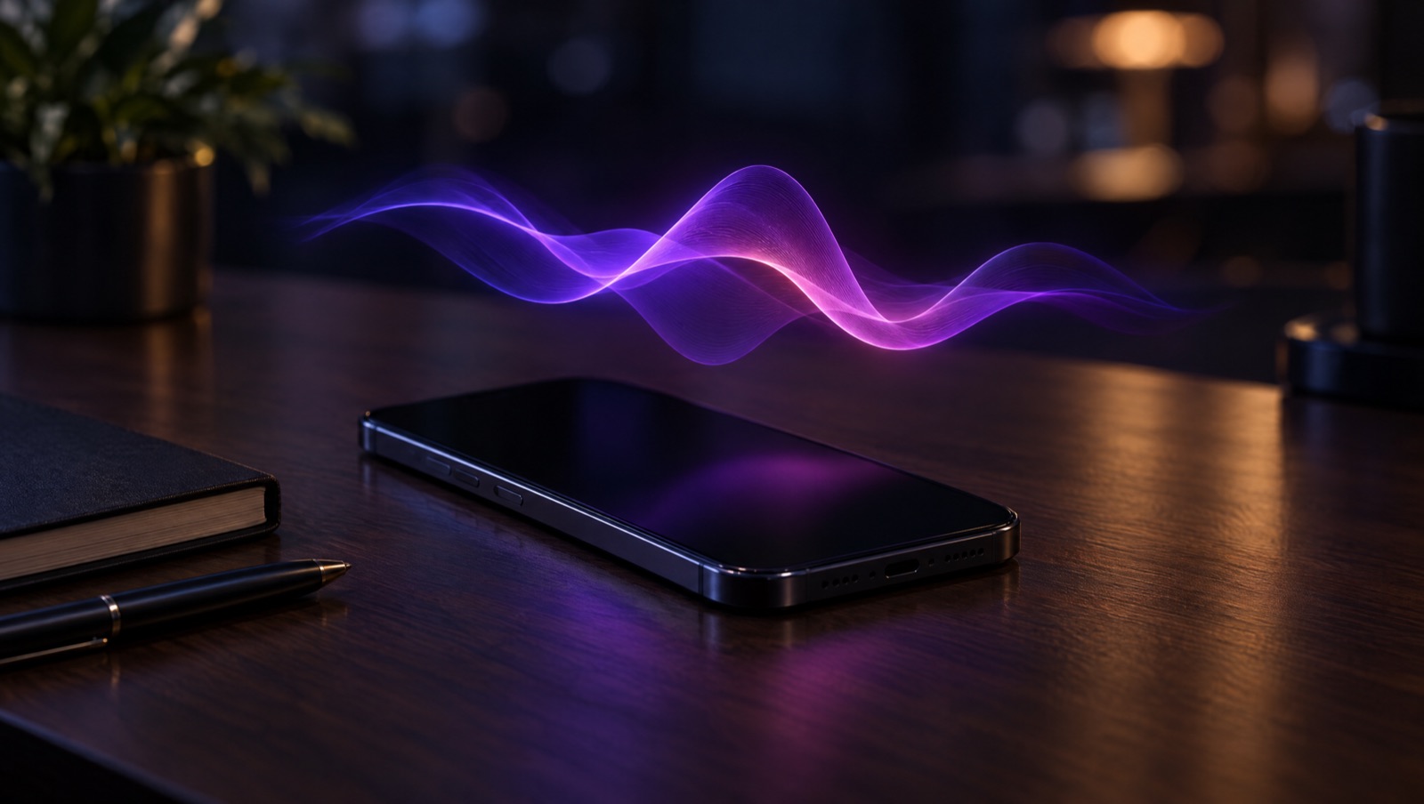 A smartphone on a desk with a glowing voice wave above it
