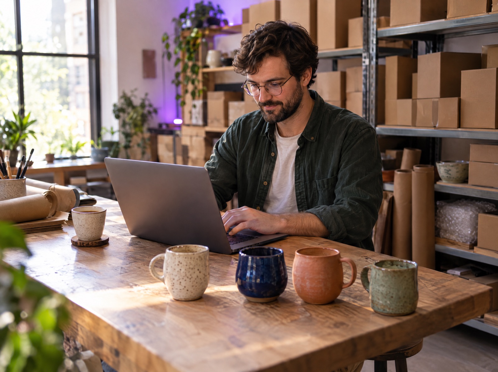 The owner of an online ceramics shop works on his laptop in the stockroom