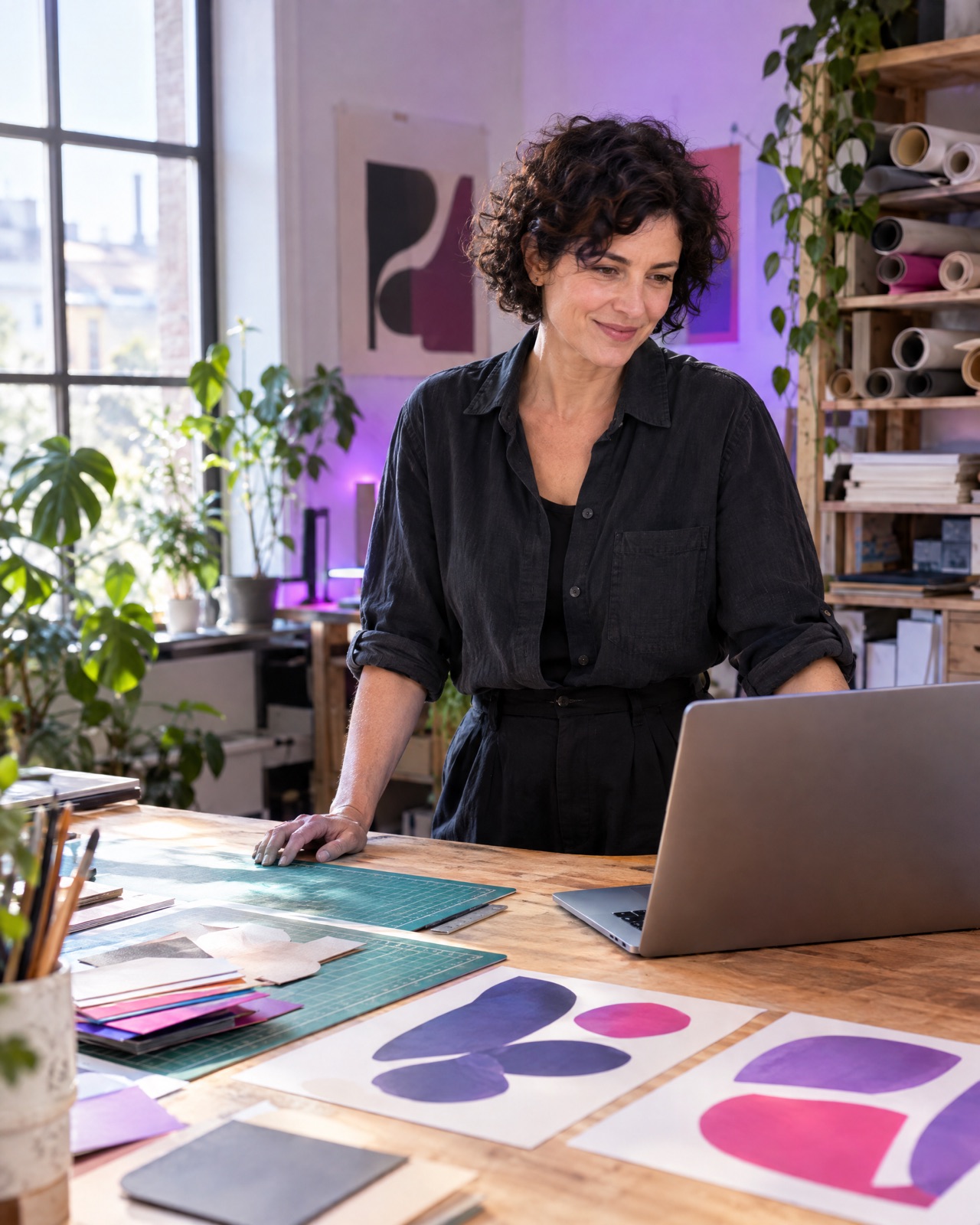 The owner of a small print studio at her workbench while her AI agents handle the day's work
