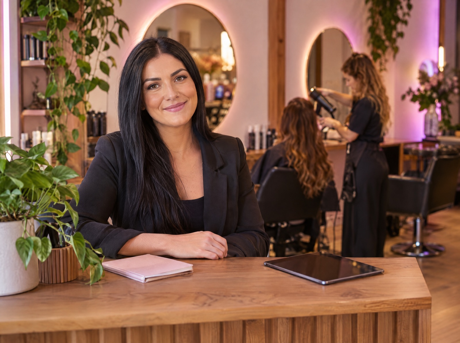 The owner of a hair and beauty salon at her reception desk