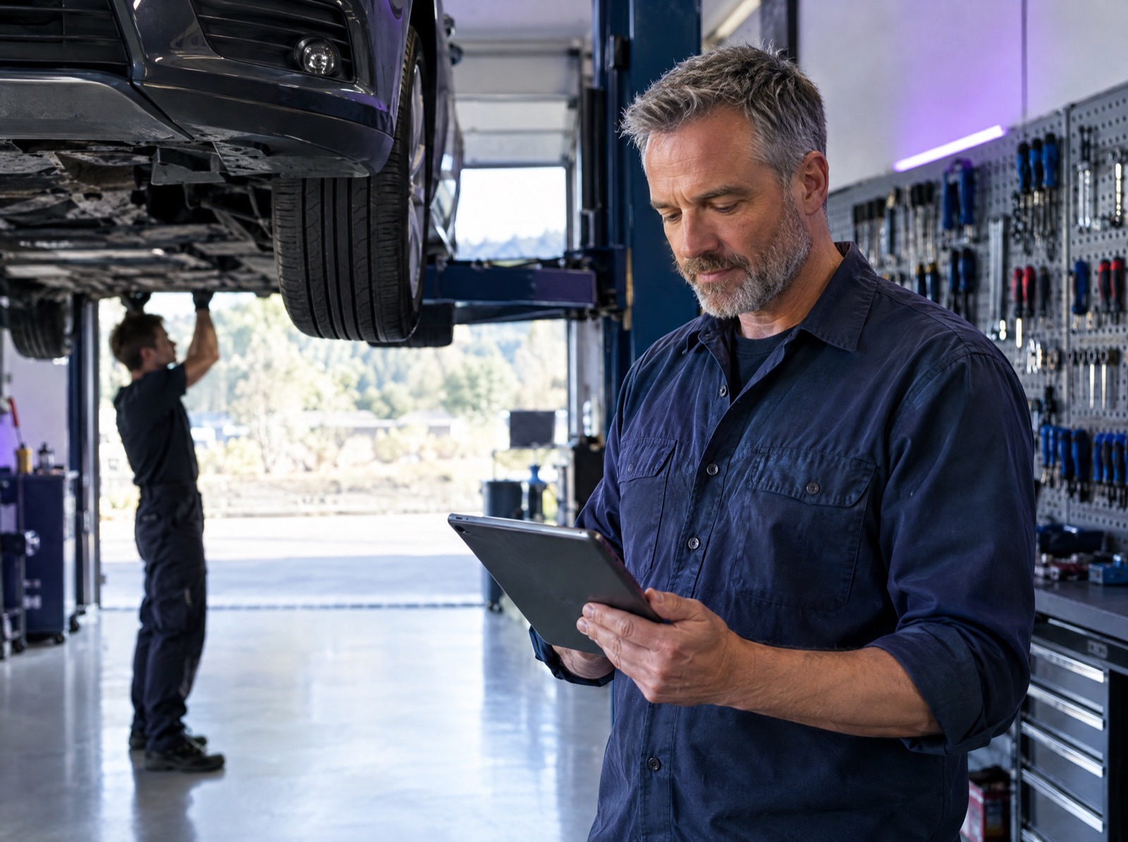 The owner of a car repair workshop reads his agents' results on a tablet